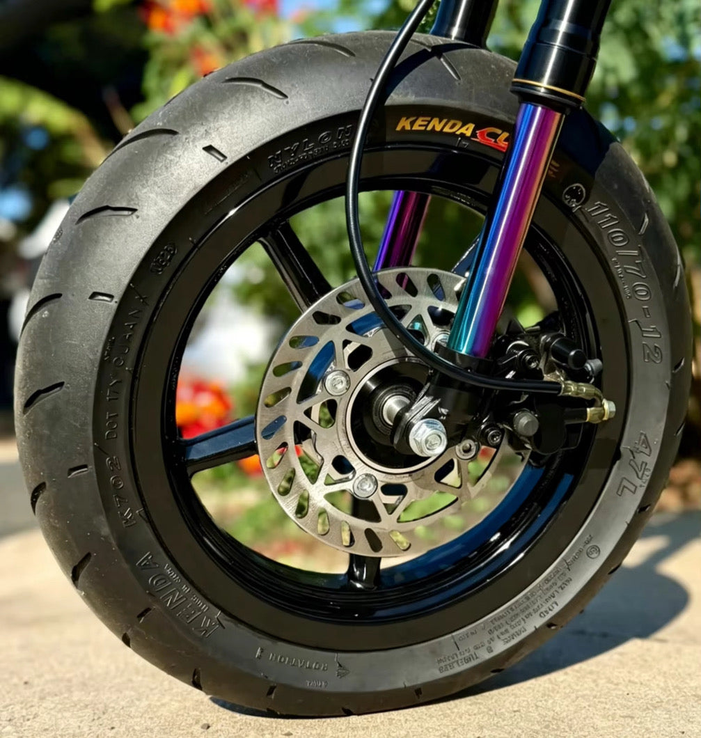 12” Supermoto Wheel Conversion Kit — Complete Front & Rear Set
Fits Yozma, Tuttio, Heybike, ETM RTR & Most Mini Moto Platforms